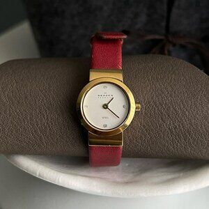 Skagen classic red leather skinny strap gold frame watch